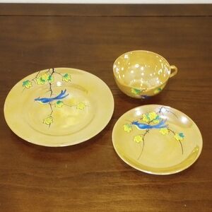 Japanese Lusterware Blue Sparrow Peach Plate Cup Saucer Set Vintage 20s - 40s